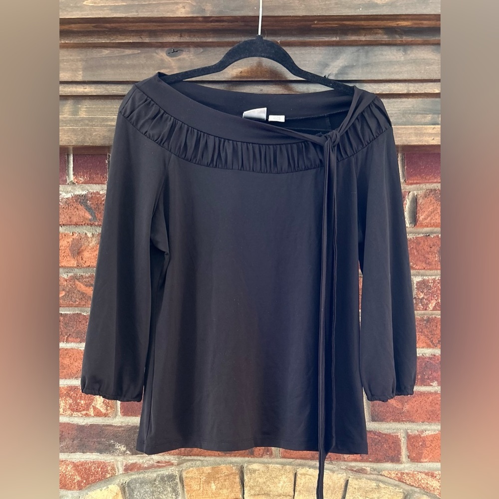 Stunning black blouse with left neckline tying detail